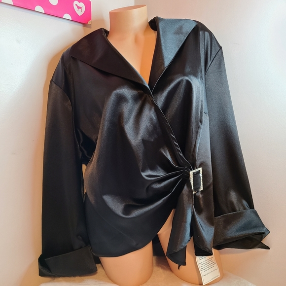 Fashion Bug Tops - Elegant Black Satin Blouse with Rhinestone Buckle Detail Plus Size 26W